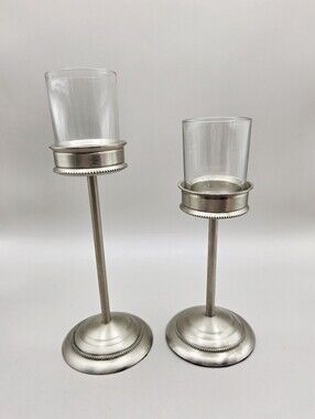 Indiana Glass Co. Set of 2 Brushed Nickel Candleholders with Votive Cups